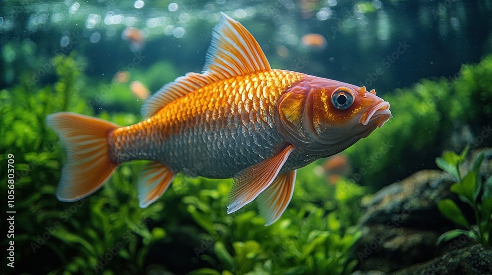 A vibrant goldfish swimming in a lush underwater environment. A vibrant goldfish swimming in a lush underwater environment.