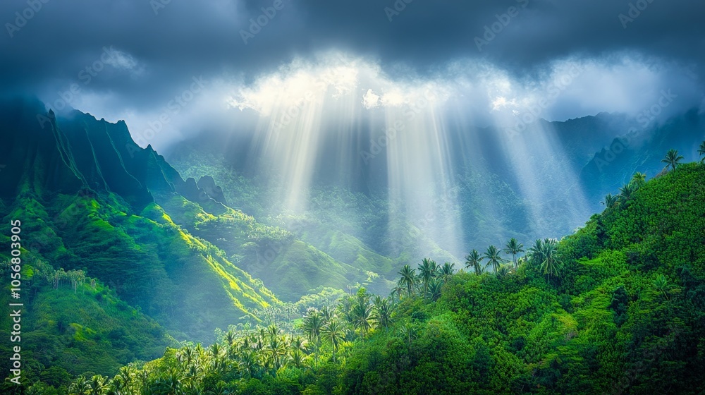 Fototapeta premium Tropical Rainstorm Over Lush Jungle with Sunlight
