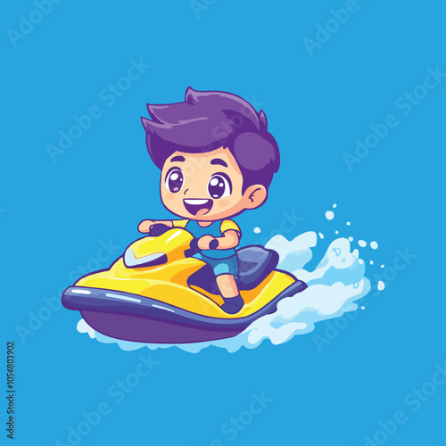 Cartoon Boy Enjoying Speed on Jet Ski Over Clear Blue Water Feeling Happy