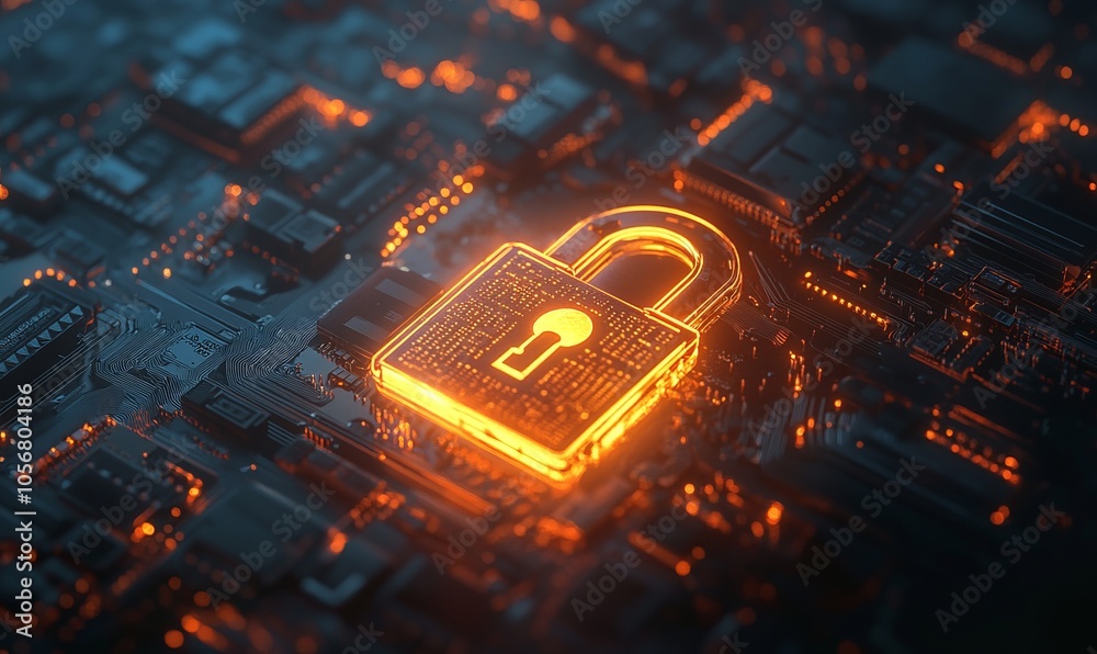 A glowing digital padlock symbolizing cybersecurity and data protection on a futuristic circuit background A glowing digital padlock symbolizing cybersecurity and data protection on a futuristic circuit background