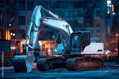 Backhoe hydraulic Excavator with bucket. side view. Wide angle. Isolated on dark background. photo