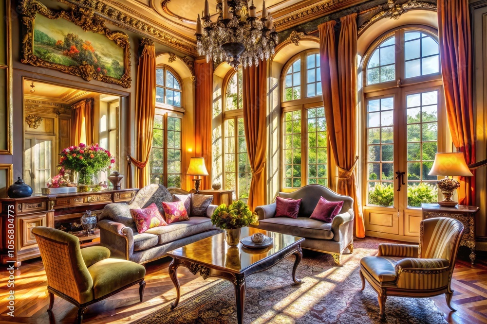 Sunlight Streaming Through French Windows in Luxurious Room – Elegant Interior Design, Natural Light, Opulent Decor, Home Aesthetics, Cozy Atmosphere, High-End Living Space Sunlight Streaming Through French Windows in Luxurious Room – Elegant Interior Design, Natural Light, Opulent Decor, Home Aesthetics, Cozy Atmosphere, High-End Living Space