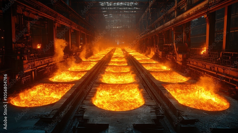 Fototapeta premium Industrial scene with molten metal in large furnaces.