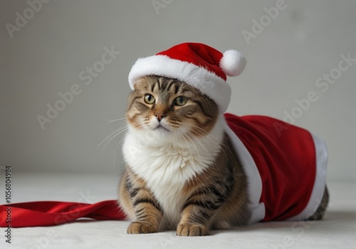 cat in a festive Santa suit against the background of a Christmas tree