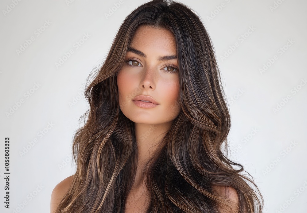 A beautiful woman with long, brown hair poses for a professional portrait photograph. Her hair is shiny, straight, and smooth, with a perfect hairstyle. A beautiful woman with long, brown hair poses for a professional portrait photograph. Her hair is shiny, straight, and smooth, with a perfect hairstyle.
