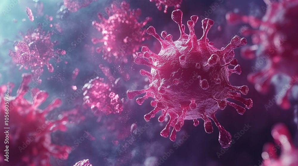A close up of a pink virus with a blue background. The virus is surrounded by a blue haze A close up of a pink virus with a blue background. The virus is surrounded by a blue haze