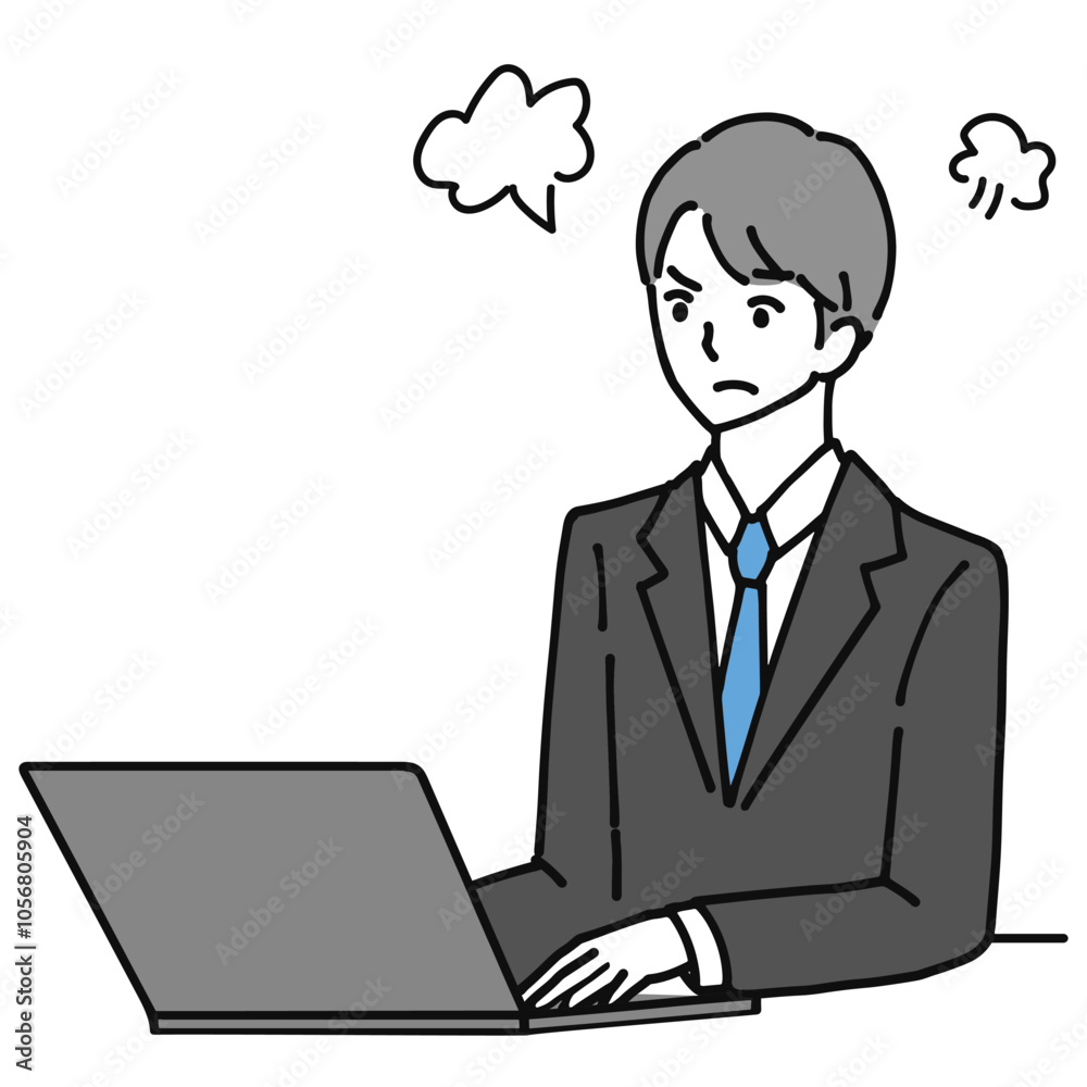 Illustration of a young businessman angrily operating a laptop computer. Illustration of a young businessman angrily operating a laptop computer.