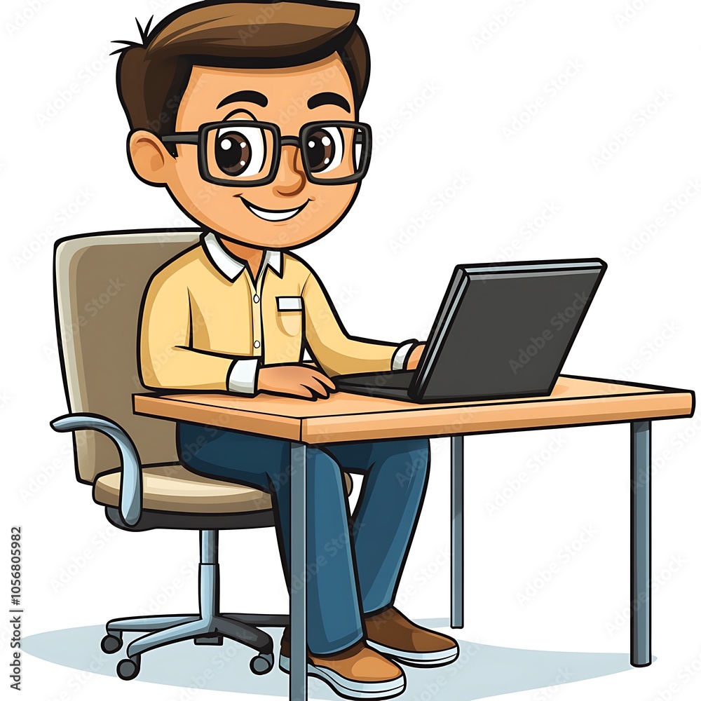 A cartoon worker sitting at a desk with a tablet, making a video call on a white background. A cartoon worker sitting at a desk with a tablet, making a video call on a white background.