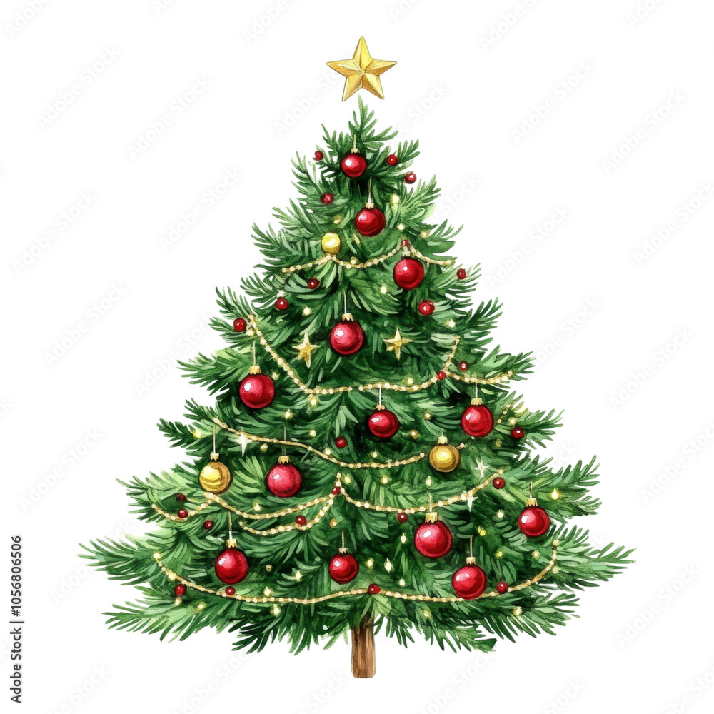 Fototapeta premium A vibrant Christmas tree adorned with red and gold ornaments, sparkling lights, and a star on top, set against a black background.