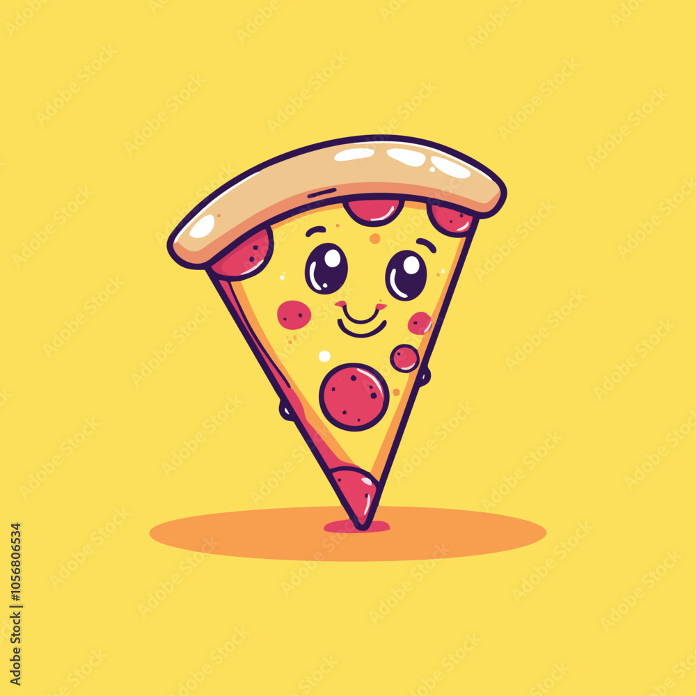 Cartoon Slice of Pizza Character with Smile on Yellow Background Cartoon Slice of Pizza Character with Smile on Yellow Background