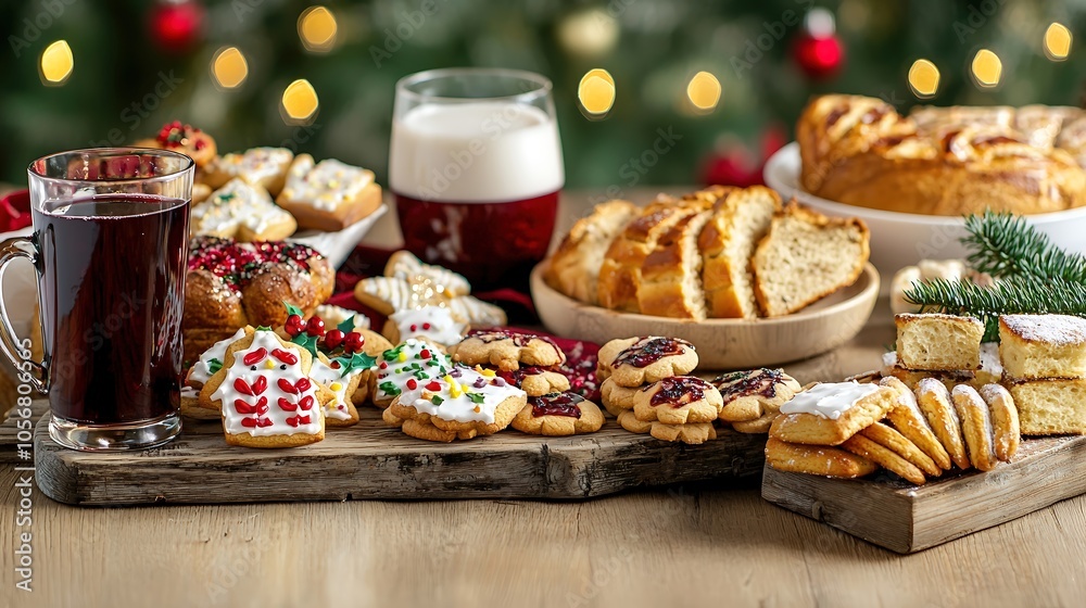 A rustic wooden table laden with an assortment of homemade holiday treats, including decorated cookies, spiced mulled wine, and artisanal bread, all beautifully highlighted against a blurred, festive A rustic wooden table laden with an assortment of homemade holiday treats, including decorated cookies, spiced mulled wine, and artisanal bread, all beautifully highlighted against a blurred, festive