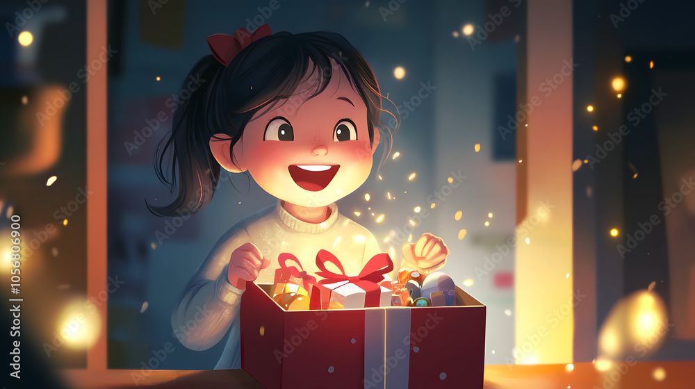 A girl with a delighted expression opening a gift box filled with surprises. A girl with a delighted expression opening a gift box filled with surprises.