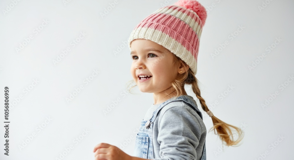 Adorable Toddler Girl Smiling in Striped Knit Beanie and Denim Overall Adorable Toddler Girl Smiling in Striped Knit Beanie and Denim Overall