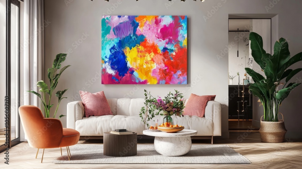 A colorful abstract painting is hanging on the wall of a living room A colorful abstract painting is hanging on the wall of a living room