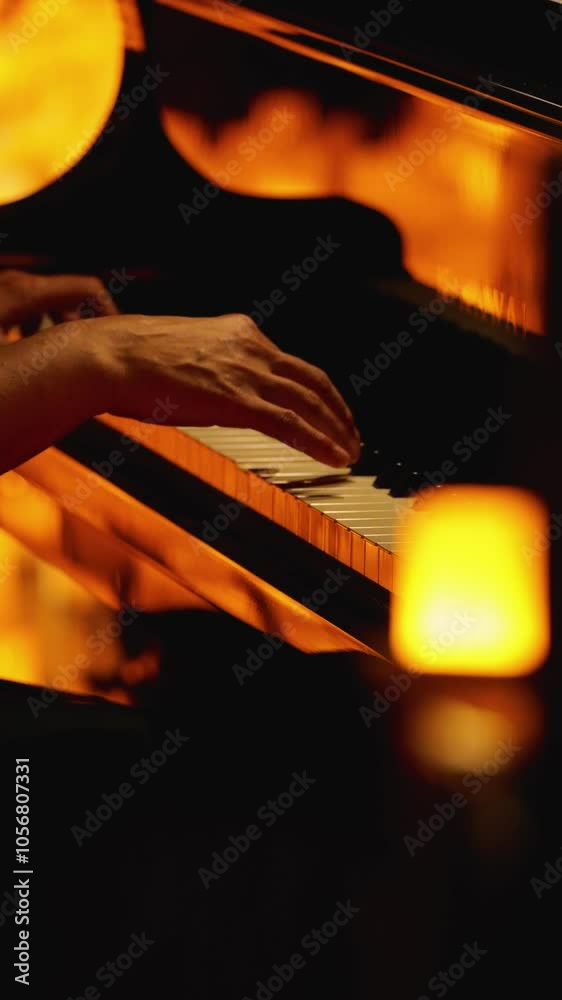 Close-up of a woman's hands gracefully playing a piano illuminated by the warm golden light of candles. Romantic concert by candlelight