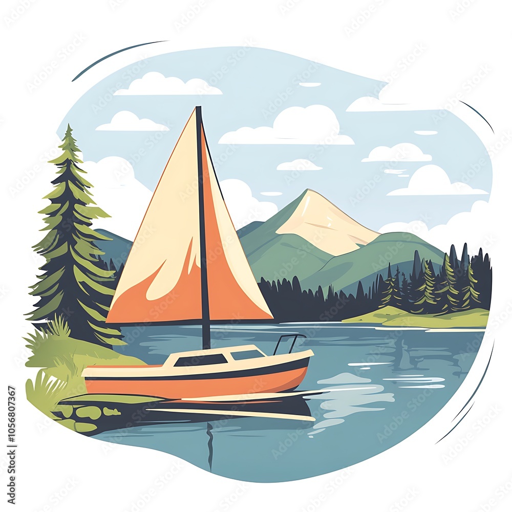 Naklejka premium A cartoon boat sailing on a lake on a white background.