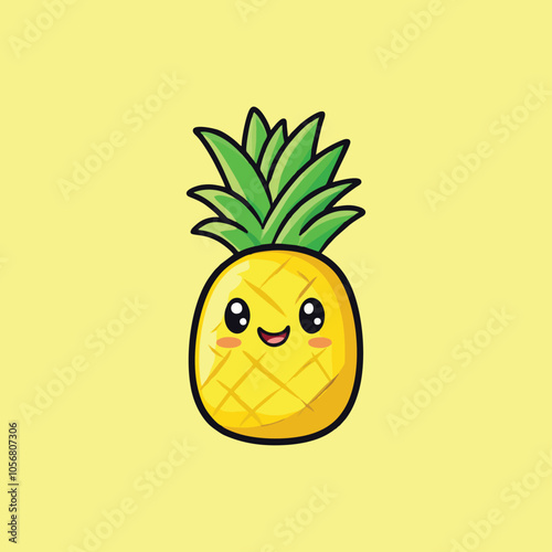 Cute Pineapple Cartoon with Happy Face on Yellow Background Illustration