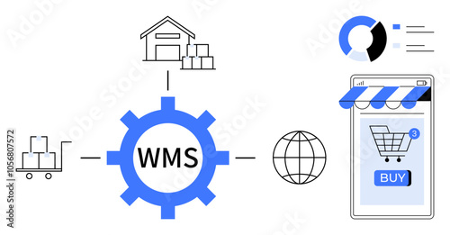 Gear with WMS text connected to warehouse, shopping cart, globe, pie chart and phone with buy button. Ideal for inventory management, e-commerce solutions, automation, logistics optimisation, online