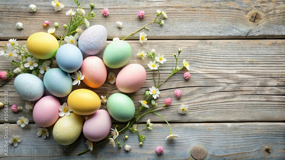 Obraz premium A festive arrangement of pastel-colored eggs surrounded by delicate blossoms on a weathered wooden surface.