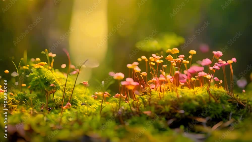 A vibrant close-up of moss and small mushrooms in a lush, green forest setting.