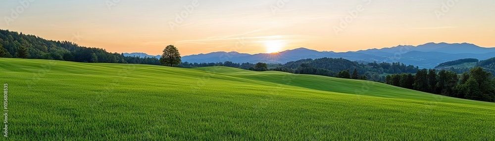 Panoramic view of lush green fields under a vibrant sunset, showcasing natural beauty and serenity in a tranquil outdoor environment. Panoramic view of lush green fields under a vibrant sunset, showcasing natural beauty and serenity in a tranquil outdoor environment.