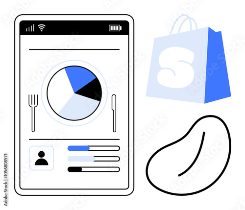 A smartphone screen displaying a nutritional pie chart with food icons, combined with a shopping bag and a bean. Ideal for health tracking, nutrition analysis, meal planning, dieting, and online