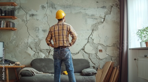 An inspector assessing cracked walls and structural damage in a living room. photo