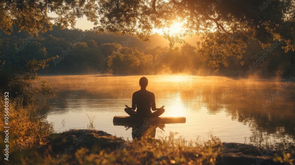 Silhouetted Woman Meditating on a Lake at Sunrise Silhouetted Woman Meditating on a Lake at Sunrise