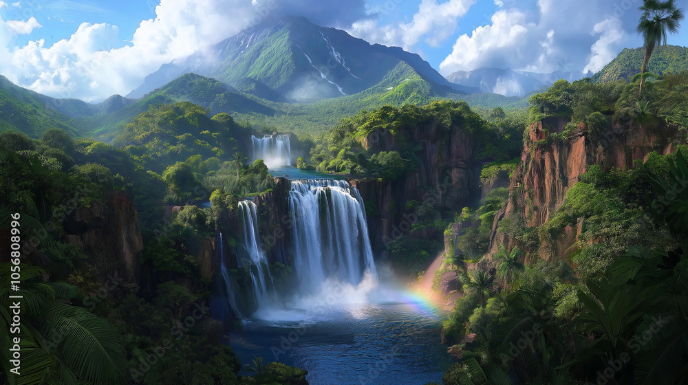 Fototapeta premium A powerful waterfall with mist creating a rainbow, surrounded by lush green cliffs.