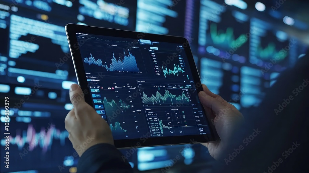 A person holds a tablet in front of a wall of data visualizations. A person holds a tablet in front of a wall of data visualizations.