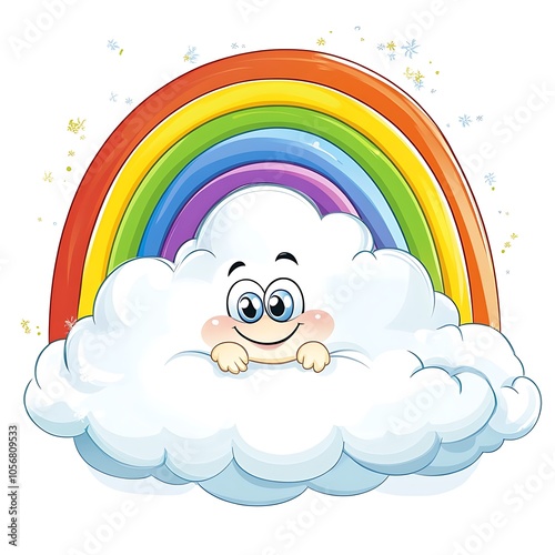 A cartoon cloud playing hide-and-seek behind a big, colorful rainbow, with little smiles peeking out on a white background. photo