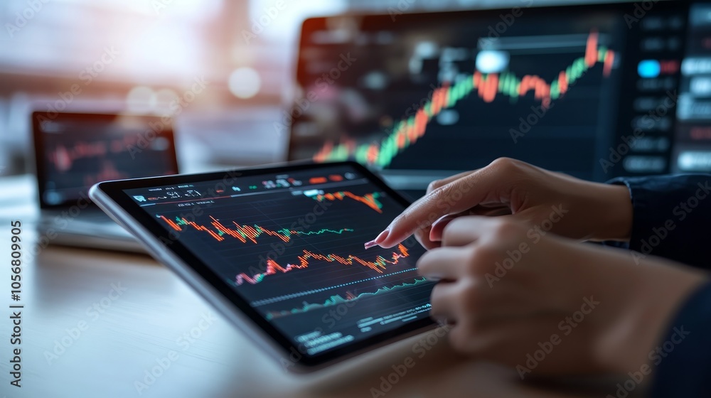 A person's hand analyzing a stock market graph on a digital tablet, with a laptop and a monitor displaying similar graphs in the background. A person's hand analyzing a stock market graph on a digital tablet, with a laptop and a monitor displaying similar graphs in the background.