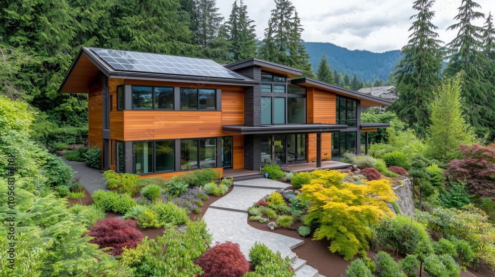 Eco-Friendly Modern Home with Solar Panels and Green Landscaping Background Eco-Friendly Modern Home with Solar Panels and Green Landscaping Background
