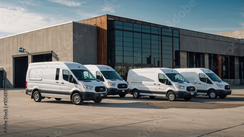 A row of several white vans is parked in front of a large building