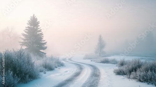 Enchanting Winter Wonderland: Serene Snowy Path Through the Frosted Landscape