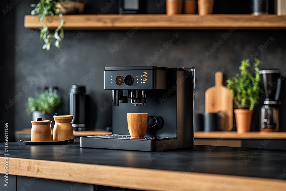 Sleek Coffee Maker in Modern Kitchen Interior With Natural Wood Elements and Greenery : Generative AI Sleek Coffee Maker in Modern Kitchen Interior With Natural Wood Elements and Greenery : Generative AI