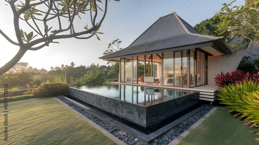 a luxury villa with a glass wall, set against the backdrop of a serene landscape. a luxury villa with a glass wall, set against the backdrop of a serene landscape.