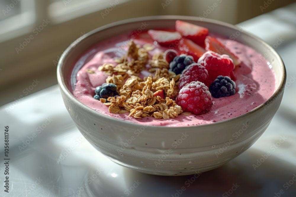 smoothie with muesli and berries on a white table smoothie with muesli and berries on a white table