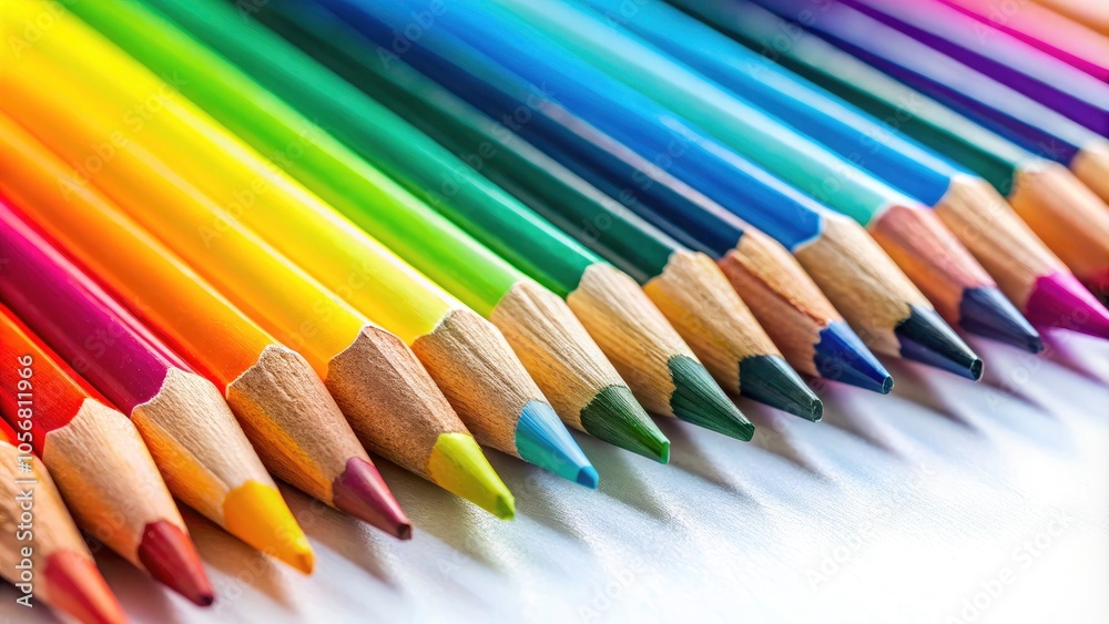 Vibrant Tilt-Shift Photography of Colorful Pencils in a Row on White Background for Creative Inspiration and Artistic Expression Vibrant Tilt-Shift Photography of Colorful Pencils in a Row on White Background for Creative Inspiration and Artistic Expression