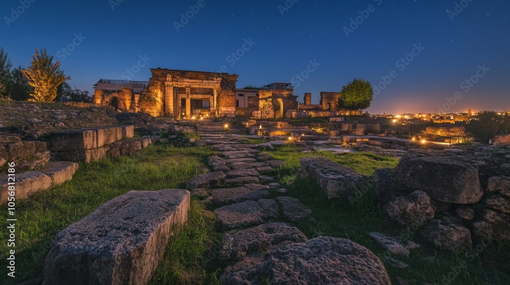 A stone path leading to the ruins of an ancient temple illuminated by lights at dusk, with a view of a modern city in the background. A stone path leading to the ruins of an ancient temple illuminated by lights at dusk, with a view of a modern city in the background.