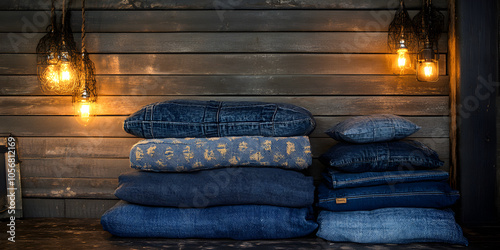 Denim Dreams: A stack of denim pillows, illuminated by warm incandescent lights, creates a cozy and inviting atmosphere. The rustic wooden background adds a touch of vintage charm.