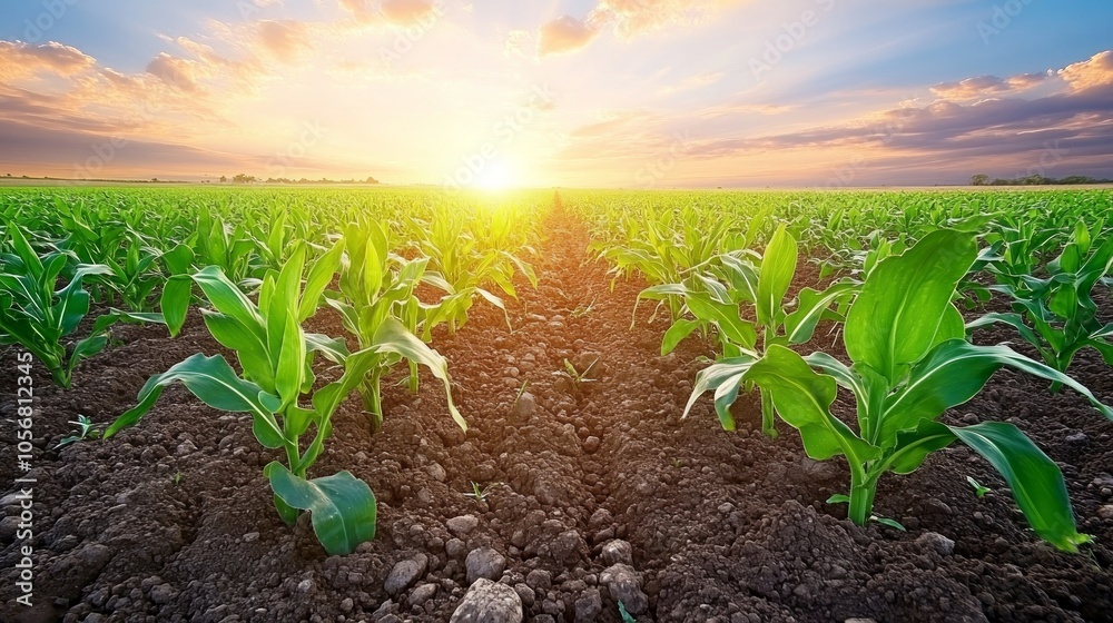 A vast field of young corn plants growing in the fertile soil, bathed in the warm glow of a setting sun. A vast field of young corn plants growing in the fertile soil, bathed in the warm glow of a setting sun.