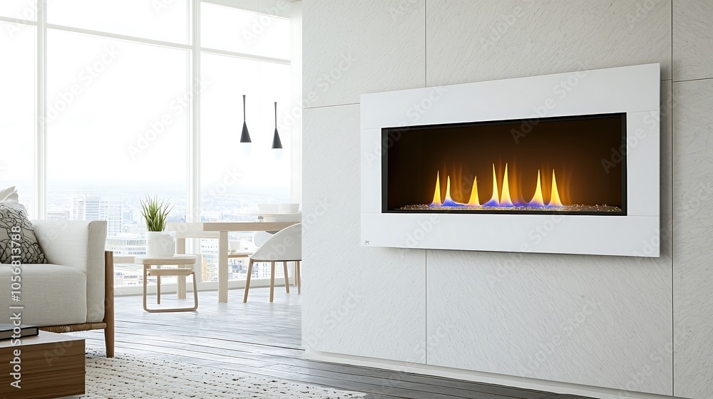 A stylish and chic urban apartment featuring an electric fireplace integrated into a sleek wall design, exuding a modern aesthetic. The fires warm glow enhances an open-concept living space filled A stylish and chic urban apartment featuring an electric fireplace integrated into a sleek wall design, exuding a modern aesthetic. The fires warm glow enhances an open-concept living space filled