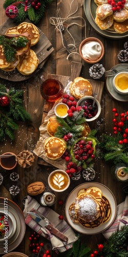 A table is covered with a variety of foods, including pancakes, fruit, and pastries