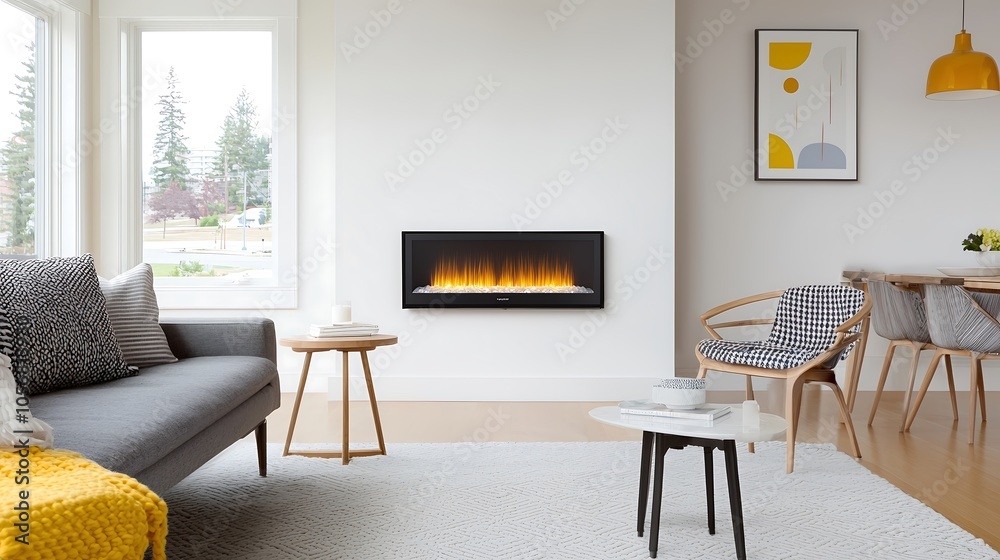 Fototapeta premium A stylish and chic urban apartment featuring an electric fireplace integrated into a sleek wall design, exuding a modern aesthetic. The fires warm glow enhances an open-concept living space filled