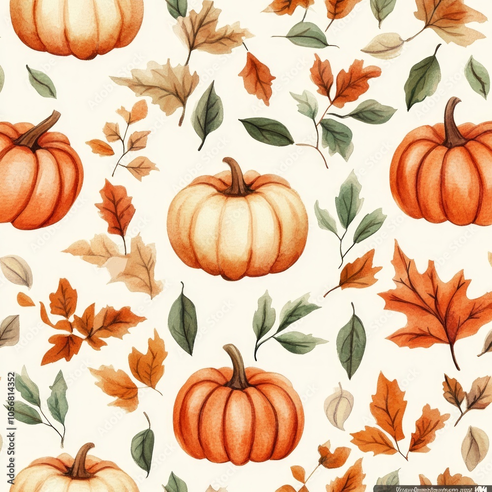Autumn Pumpkins and Leaves Watercolor Pattern Autumn Pumpkins and Leaves Watercolor Pattern