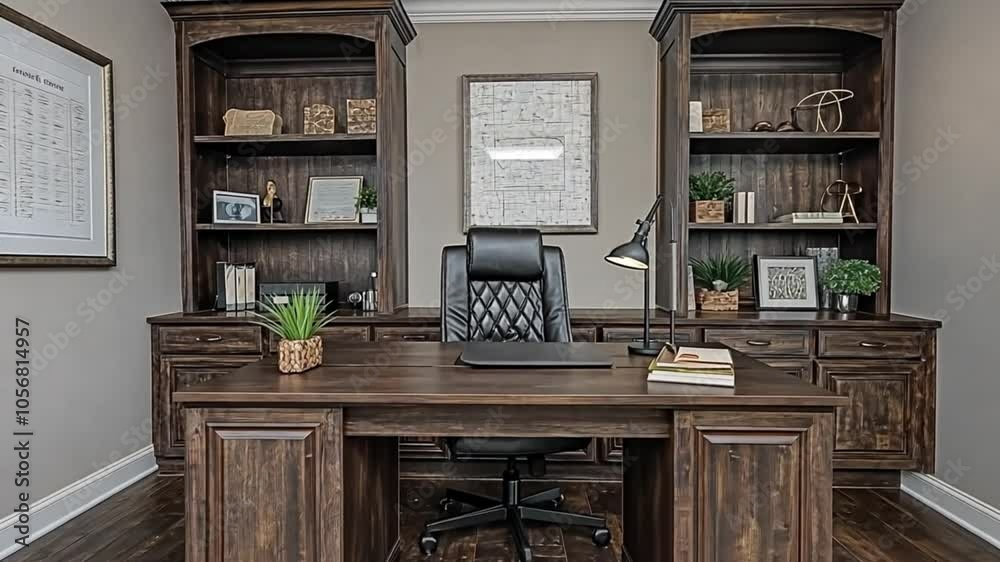 Home office workspace with a rustic wooden desk, modern decor, and organized bookshelves in a cozy room. Home office workspace with a rustic wooden desk, modern decor, and organized bookshelves in a cozy room.
