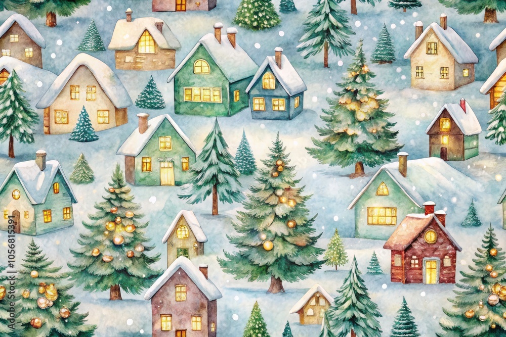 Watercolor Christmas Village Pattern with Snow-Covered Trees, Cozy Houses, and Winter Wonderland Vibes for Holiday Decor and Seasonal Crafts Watercolor Christmas Village Pattern with Snow-Covered Trees, Cozy Houses, and Winter Wonderland Vibes for Holiday Decor and Seasonal Crafts
