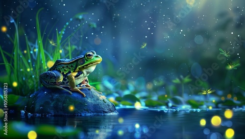 Cute frog sitting on a rock in a pond, with a night sky moon stars background. glowing light particles. The scene has a fantasy style, soft, bokeh-like effect. Fairytale children s book theme photo