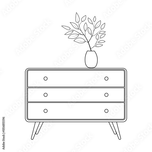 Contemporary ladies' chest of drawers with flowers in a vase. Commode modern of drawers in black and white. Bedroom interior in a flat style. Furniture for the bedroom and living room.